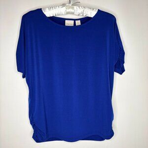 CHICO'S Top Ruched Royal Blue Detail Scoop Neck Short Sleeve 1/Medium Petite NWT